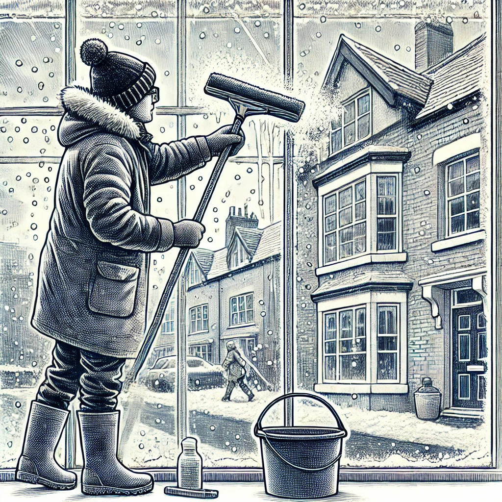 A drawing of a person washing windows during the winter