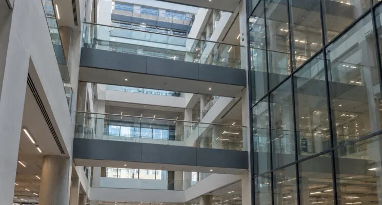 an 11-metre-high internal atrium inside a contemporary London corporate office building